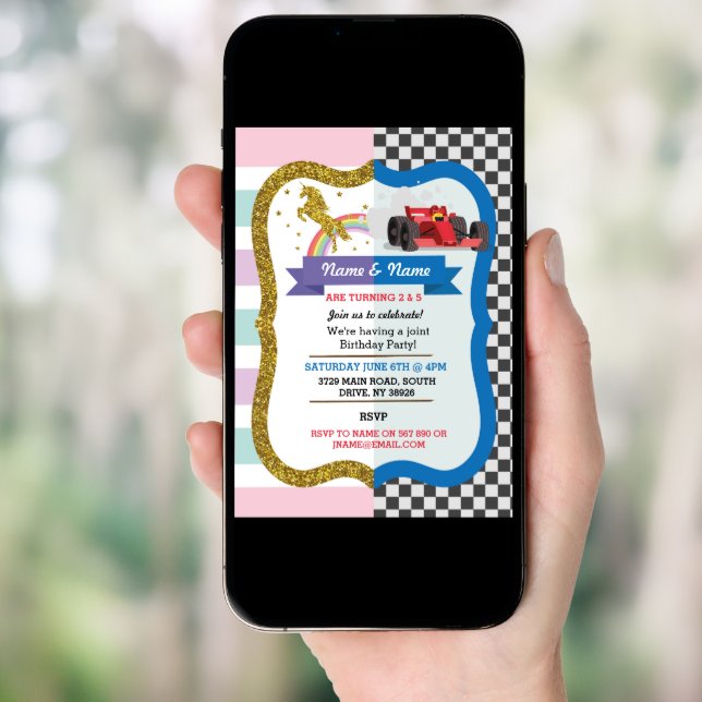 Unicorn & Race Car Joint Boy Girl Birthday Invites (Front Digital)