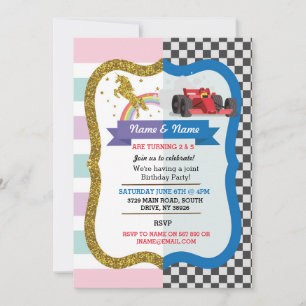 Unicorn & Race Car Joint Boy Girl Birthday Invites