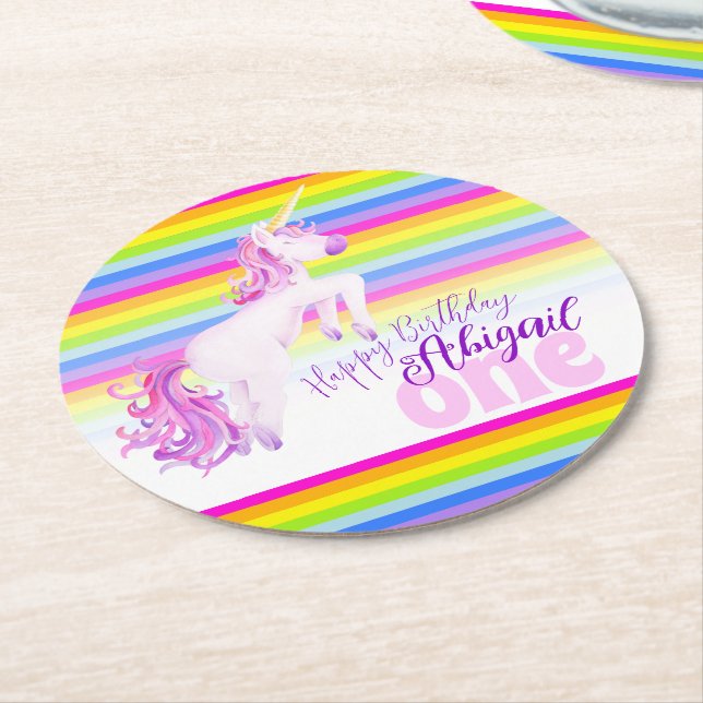 Unicorn rainbow 1st birthday party coasters (Angled)