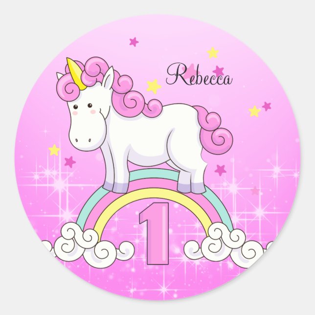 Unicorn Rainbow 1st Birthday Party Custom Classic Round Sticker (Front)