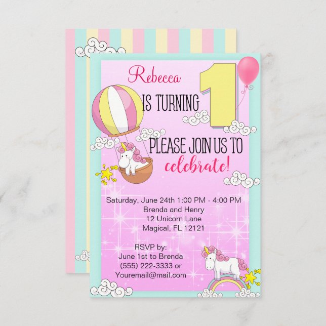 Unicorn Rainbow 1st Birthday Party Invitation (Front/Back)