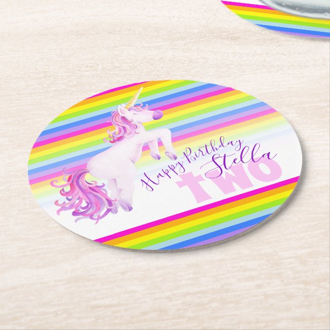 Unicorn rainbow 2nd birthday party coasters (Angled)