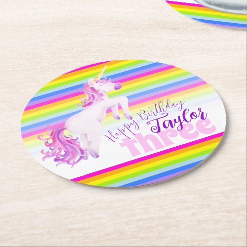 Unicorn rainbow 3rd birthday party coasters