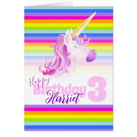 Unicorn rainbow 3rd personalized birthday card (Front)