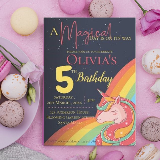 Unicorn Rainbow 5th Magical Kids Birthday Party Invitation (Unicorn Rainbow 5th Magical Kids Birthday Party Invitation)