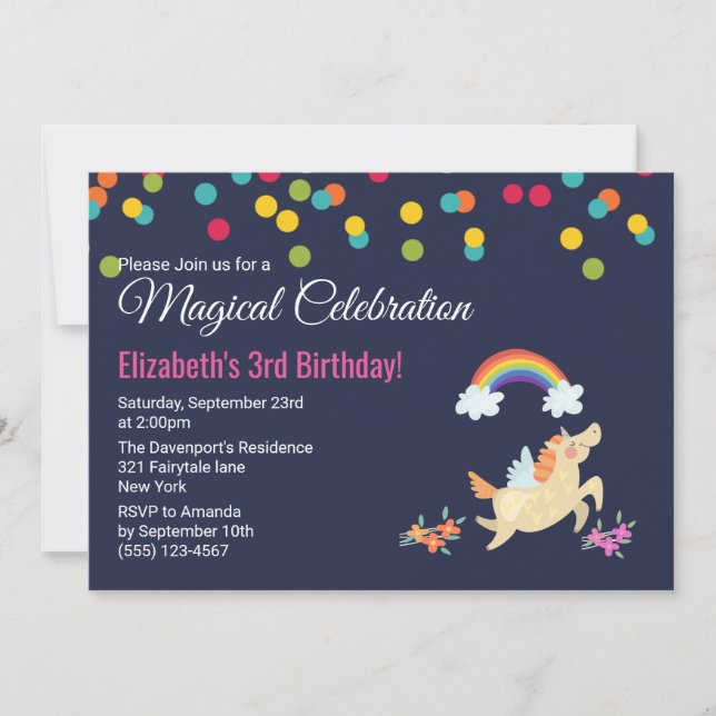Unicorn Rainbow and Clouds Birthday Invite (Front)