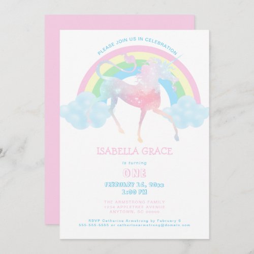 Unicorn Rainbow Baby Girl 1st Birthday Invitation