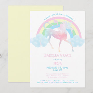 Unicorn Rainbow Baby Girl 1st Birthday Invitation