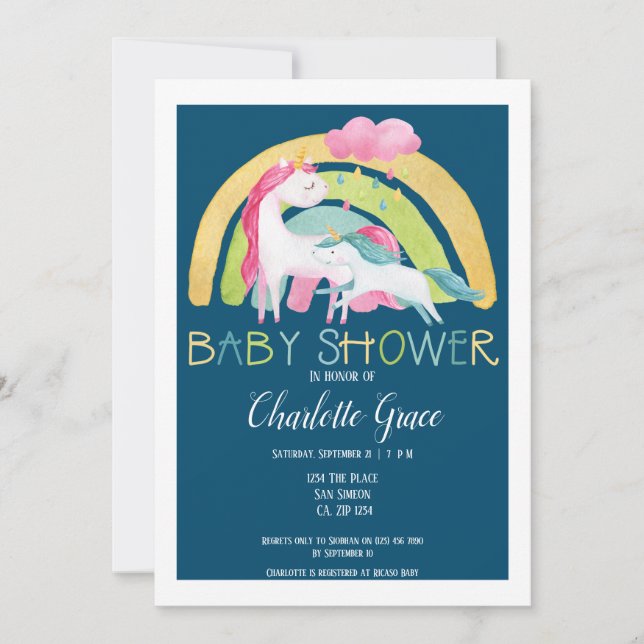 Unicorn Rainbow Baby Shower Boy or Unisex Announcement (Front)