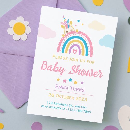 Unicorn Rainbow Baby Shower Girl Invitation