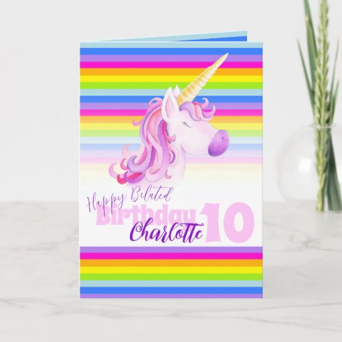 Unicorn rainbow belated 10th Birthday card