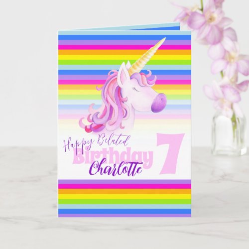 Unicorn rainbow belated 7th Birthday card