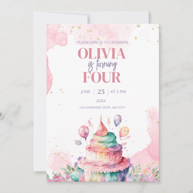 Unicorn Rainbow Birthday Cake Girls Birthday invit Invitation (Front)