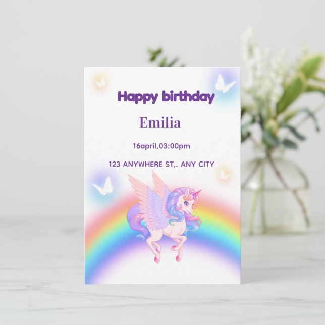 Unicorn Rainbow Birthday Invitation  (Standing Front)
