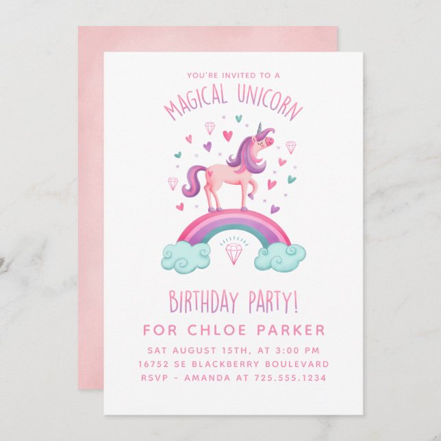 Unicorn Rainbow Birthday Invitation (Front/Back)