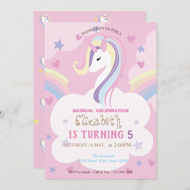 Unicorn Rainbow Birthday Invitation (Front/Back)