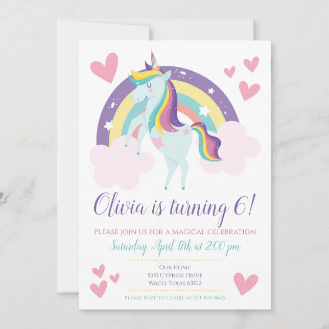 Unicorn Rainbow Birthday Invitation | Zazzle