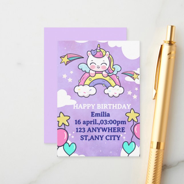 Unicorn Rainbow Birthday Invitation Enclosure Card (Front/Back In Situ)