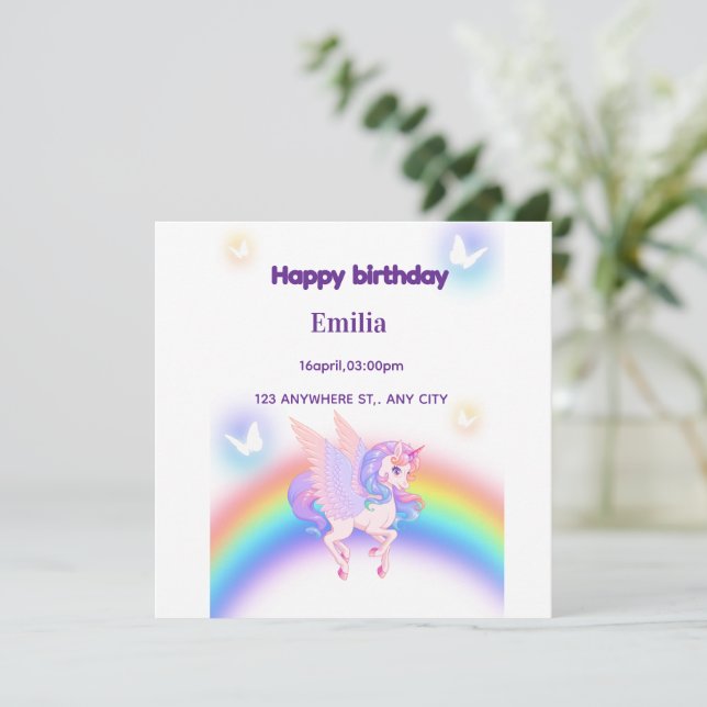 Unicorn Rainbow Birthday Invitation  Flat Card (Standing Front)