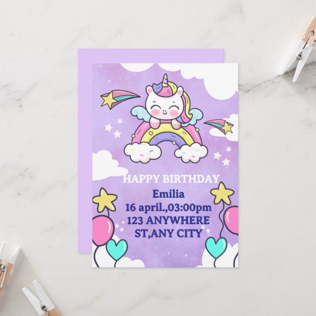 Unicorn Rainbow Birthday Invitation Invitation (Front/Back In Situ)