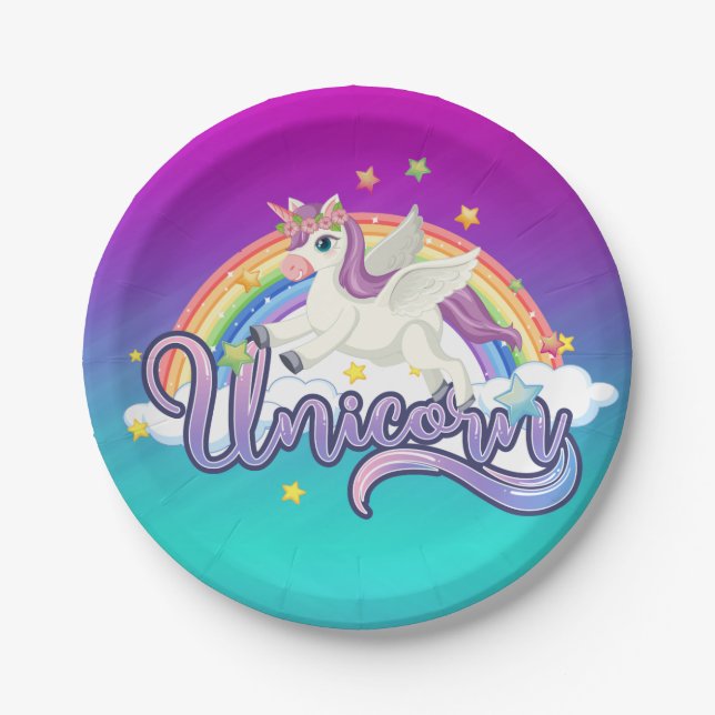 Unicorn Rainbow Birthday Magical Whimiscal  Paper Plates (Front)