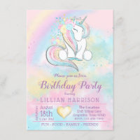 Unicorn Rainbow Birthday Party Invitations