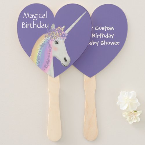 Unicorn Rainbow Birthday Party Purple Pink Heart Hand Fan