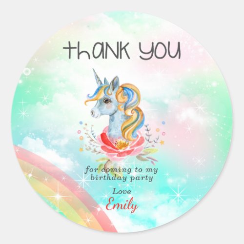 Unicorn Rainbow Birthday Party Thank You Sticker