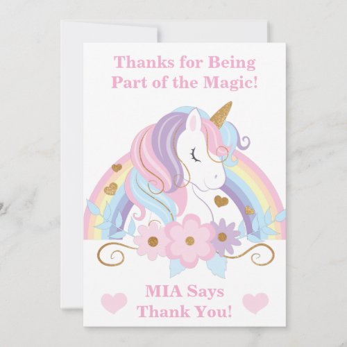Unicorn Rainbow Birthday Thank You Card Editable