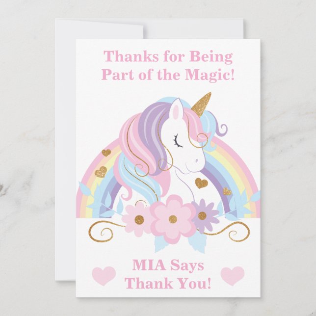 Unicorn Rainbow Birthday Thank You Card Editable (Front)