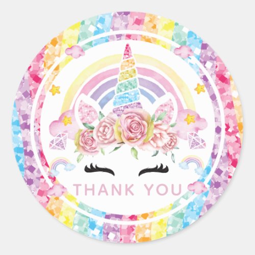 Unicorn Rainbow Birthday Thank you Classic Round Sticker