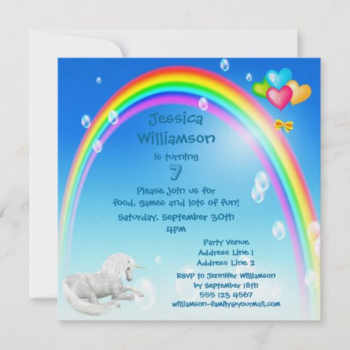 Unicorn, Rainbow Bubbles &amp; Balloons Birthday Party Custom Announcements