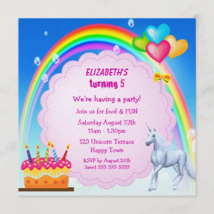 Unicorn, Rainbow & Cake Cute Birthday Party Invite