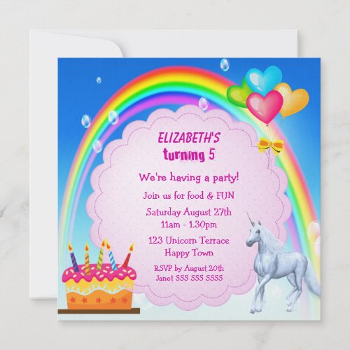 Unicorn Rainbow  Cake Cute Birthday Party Invite