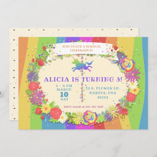 Unicorn Rainbow Carousel Birthday Party Invitation