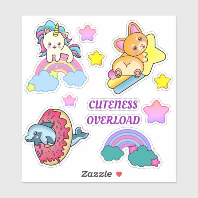 Unicorn Rainbow Cat with Star Corgi and Dolphin Sticker (Sheet)