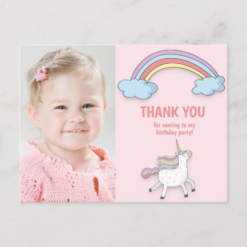 Unicorn Rainbow Childs Photo Birthday Thank You Postcard