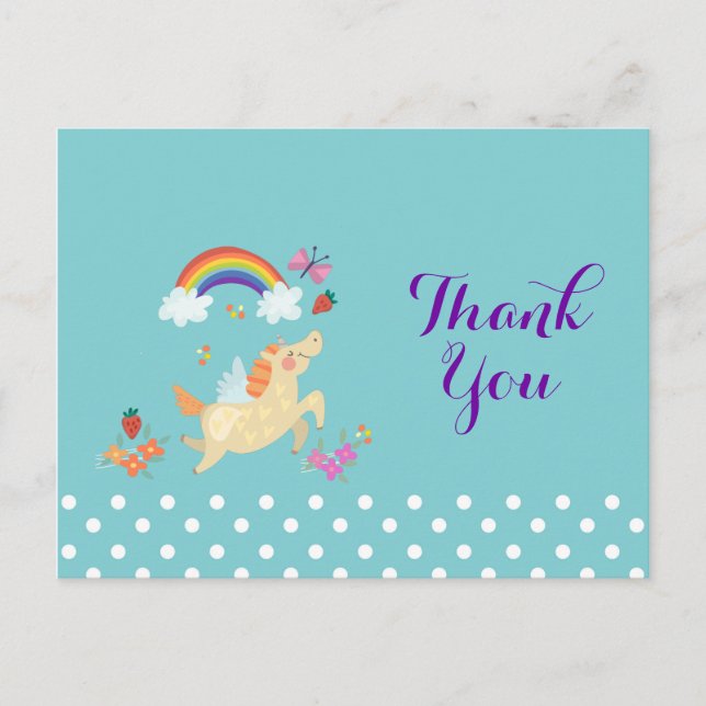 Unicorn Rainbow Clouds and Flowers Birthday Thanks Postcard (Front)