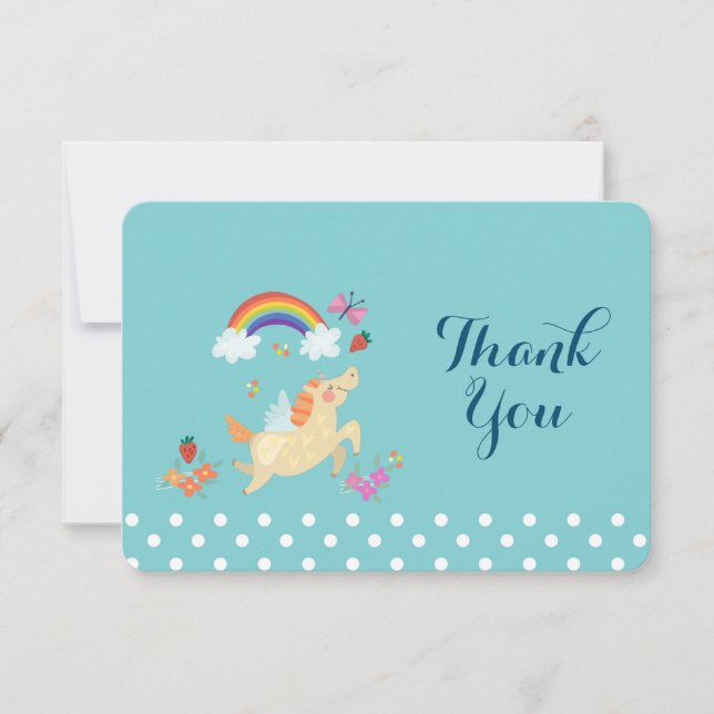 Unicorn Rainbow Clouds and Flowers Birthday Thanks Thank You Card (Front)