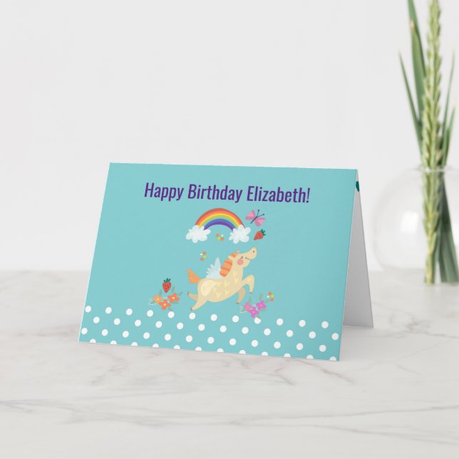 Unicorn Rainbow Clouds and Flowers Happy Birthday Card (Front)