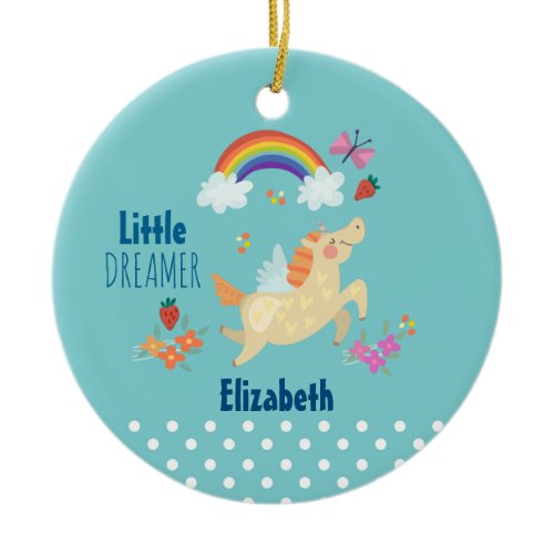 Unicorn Rainbow Clouds and Flowers Little Dreamer Ceramic Ornament