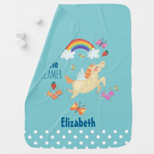Unicorn Rainbow Clouds and Flowers Little Dreamer Receiving Blanket