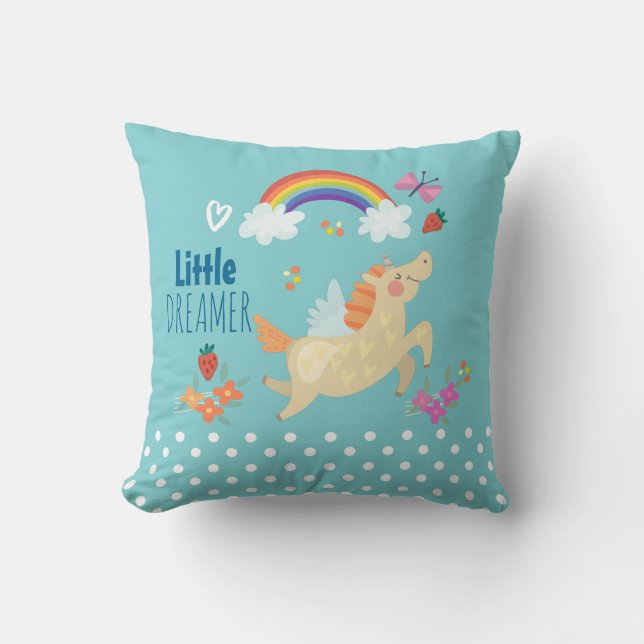Unicorn Rainbow Clouds and Flowers Little Dreamer Throw Pillow (Front)
