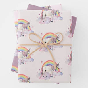 Unicorn Rainbow Clouds Pink FairyTale Party Girl Wrapping Paper Sheets