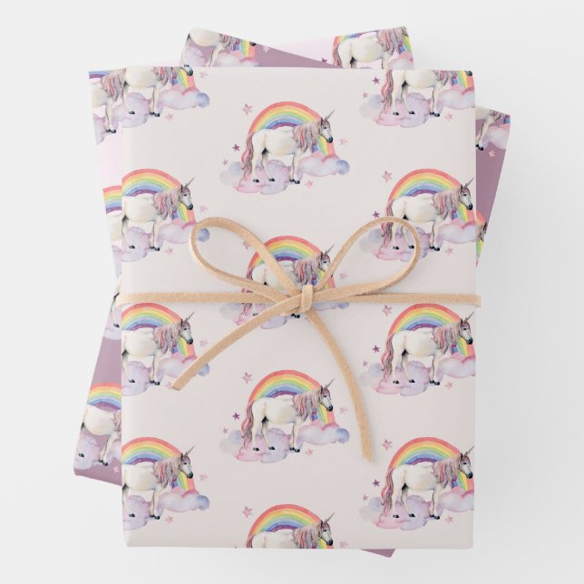 Unicorn Rainbow Clouds Pink FairyTale Party Girl Wrapping Paper Sheets (In situ)