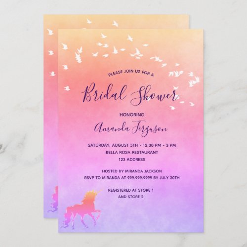 Unicorn rainbow colored purple pink Bridal Shower Invitation