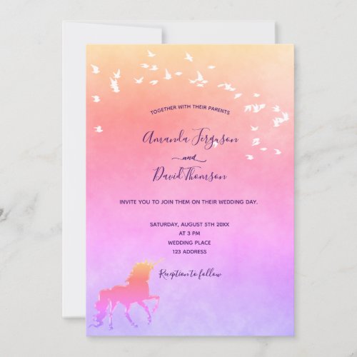 Unicorn rainbow colored purple pink golden wedding invitation