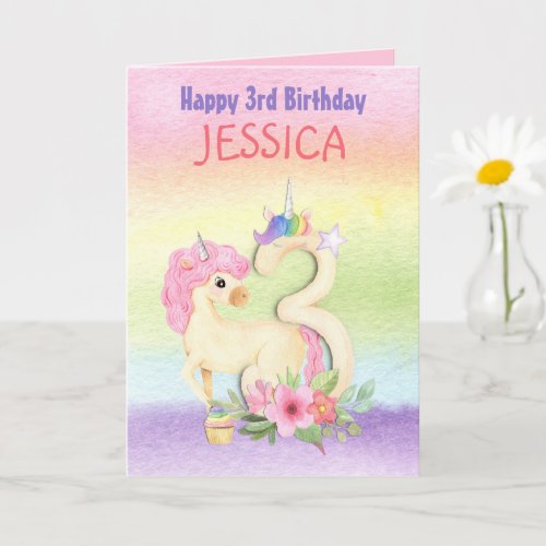 Unicorn Rainbow Colors 3rd Birthday Name Card