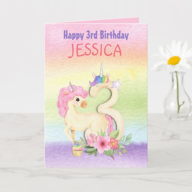 3rd Birthday Card Unicorn & Rainbows Age 3 Pretty Glitter Pink Silver Card Girls 
