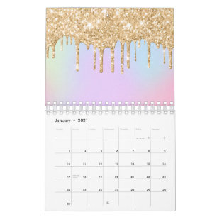 Unicorn Rainbow Colors Bright Golden Dripping Calendar